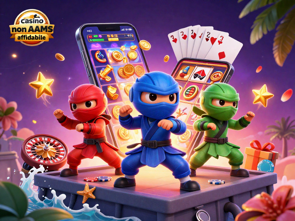 Illustrazione vivace di un "casino non AAMS affidabile" con ninja camaleonti e slot colorate in azione.
