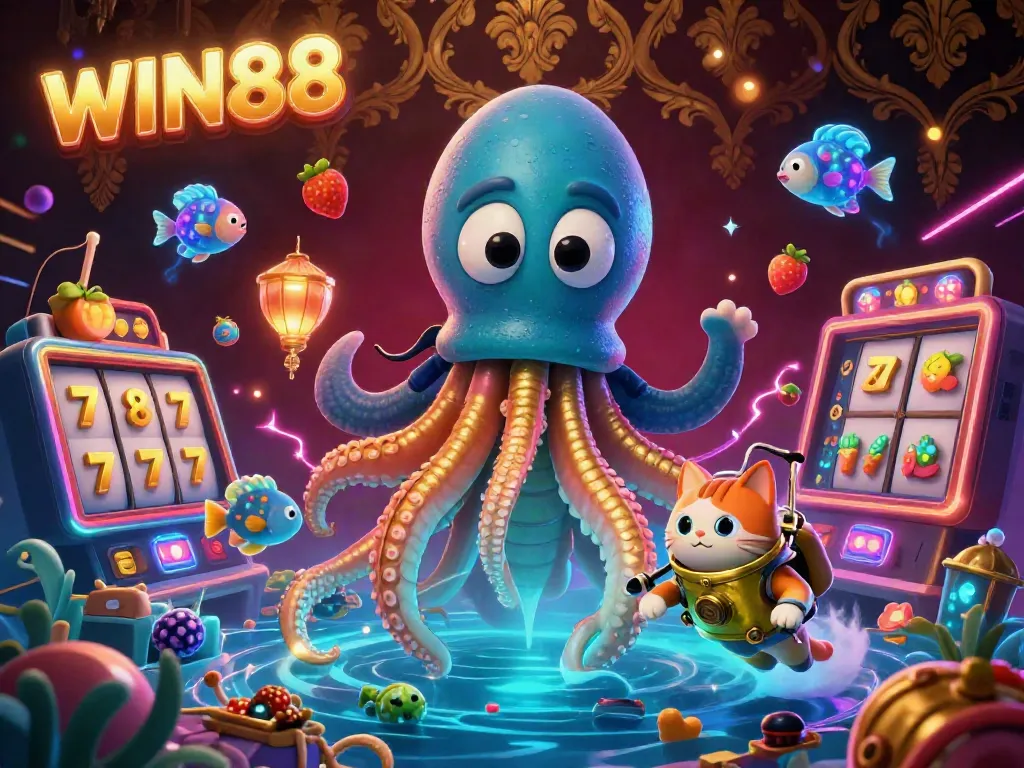 Experience the excitement of WIN88 with a kraken and diving cat in a treasure-filled, vibrant scene.