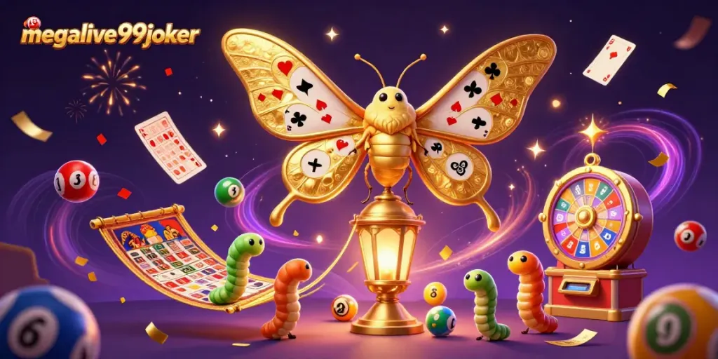 Megalive99joker menghidupkan suasana kasino dengan motif kupu-kupu dan adegan permainan yang megah