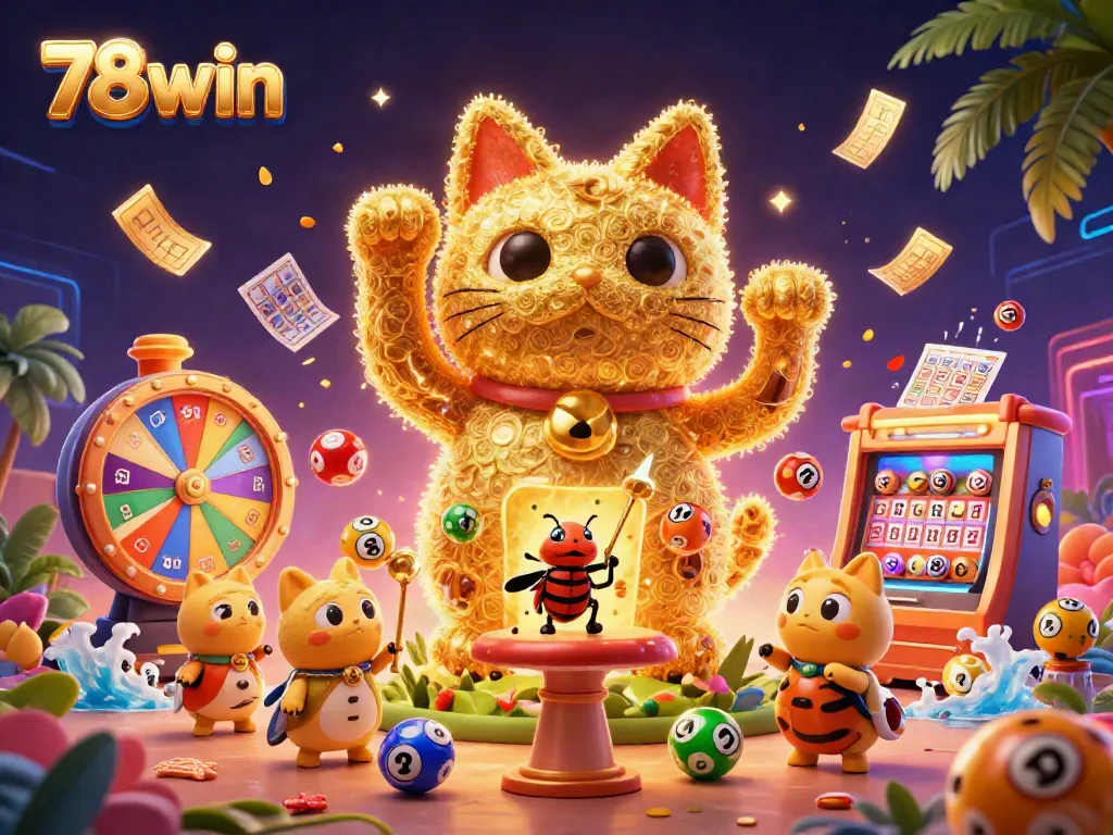 Experience vibrant casino action with a giant lucky cat and dynamic elements in 78win's colorful realm.