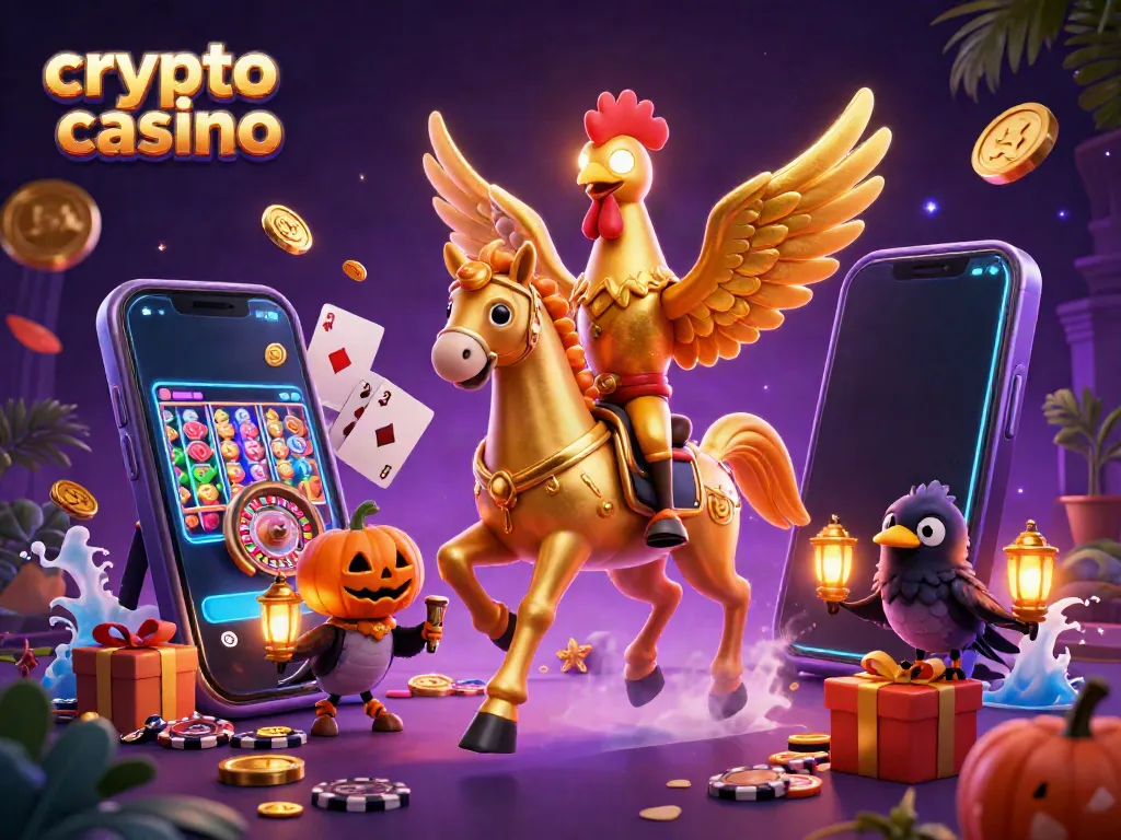 Experience the thrill of a crypto casino with a golden rooster in a vibrant digital gambling scene.
