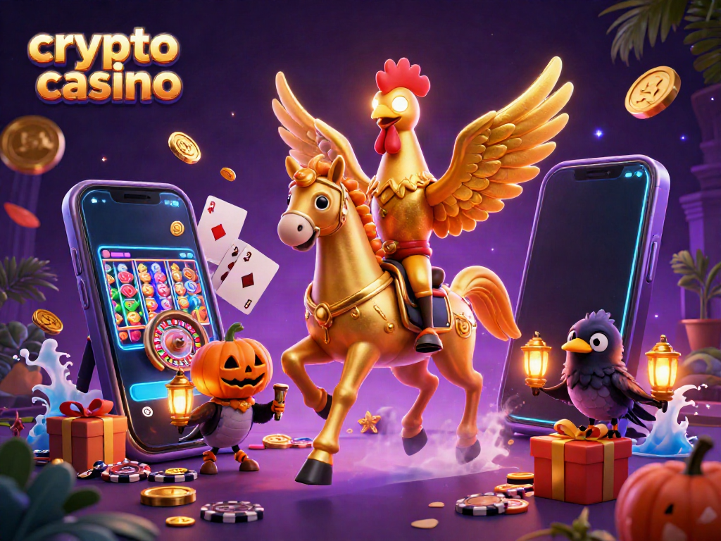 Experience the thrill of a crypto casino with a golden rooster in a vibrant digital gambling scene.