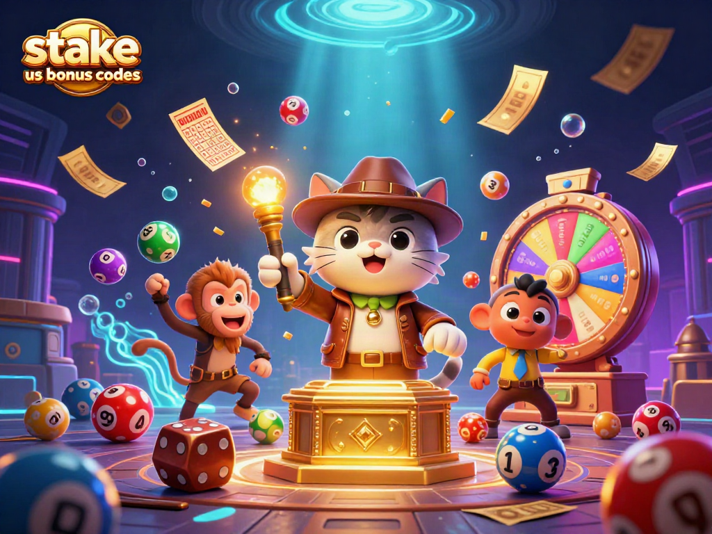 Engage with stake us bonus codes through this vibrant casino illustration featuring a cat archaeologist.
