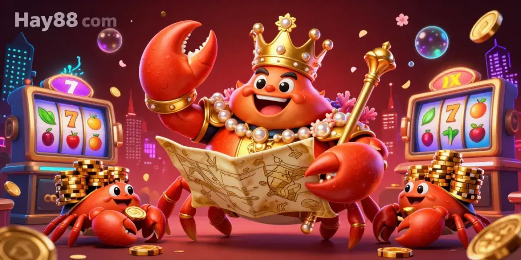Engage with the vivid allure of Hay88 com showcasing a 3D golden crab emperor amid casino treasures in an exciting environment.