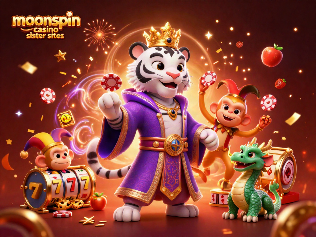 Win big at moonspin casino sister sites with vibrant 3D illustration of casino characters and games.