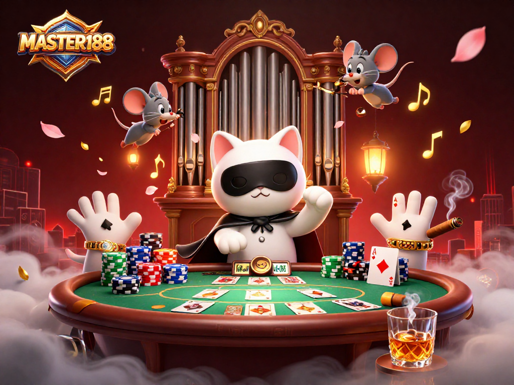 Experience excitement with MASTER188 in a vibrant casino scene featuring detailed characters and dynamic gaming elements.