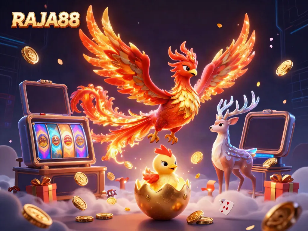 RAJA88 menghadirkan ilustrasi 3D kartun dengan phoenix api, simbol kemenangan dalam permainan slot.
