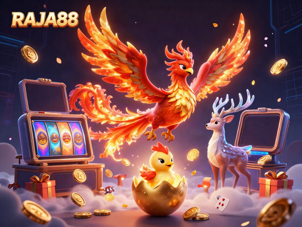 RAJA88 menghadirkan ilustrasi 3D kartun dengan phoenix api, simbol kemenangan dalam permainan slot.