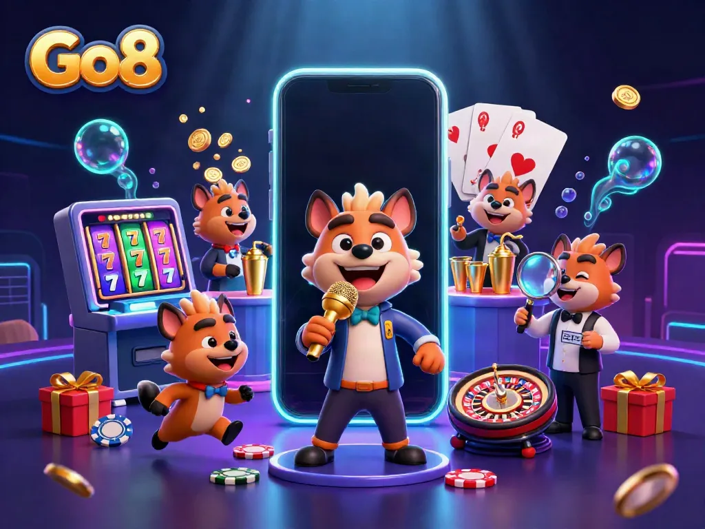 Engage in thrilling Go8 casino adventures with playful hyenas at a comedy club scene.