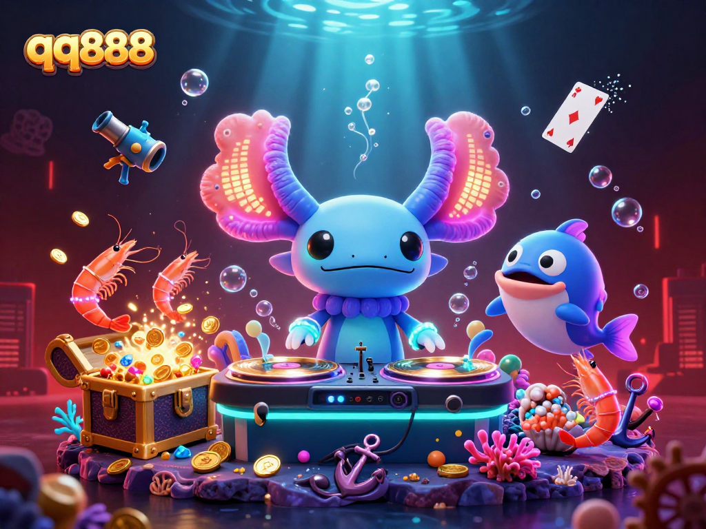 Experience high-energy fun at qq888 with a neon underwater casino scene filled with vibrant characters and exciting gameplay.