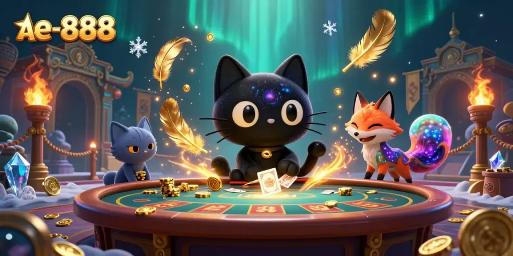 Experience thrilling gaming at ae-888 with a cosmic cat and colorful fox at a dazzling casino table.