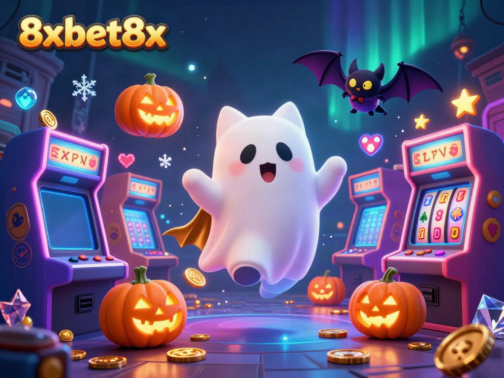 Join the thrilling 8xbet8x experience with a ghost cat and vampire bat in a vibrant casino atmosphere.
