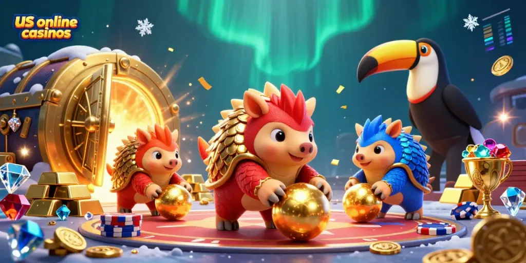 Pangolins enjoying a fun bowling game at us online casinos, surrounded by vibrant casino elements.