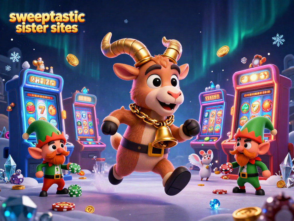 Sweeptastic sister sites showcase festive characters amidst vibrant slots and a lively casino scene.