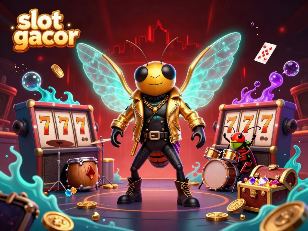 Engage with the slot gacor universe, featuring a cicada rock star and colorful casino elements.