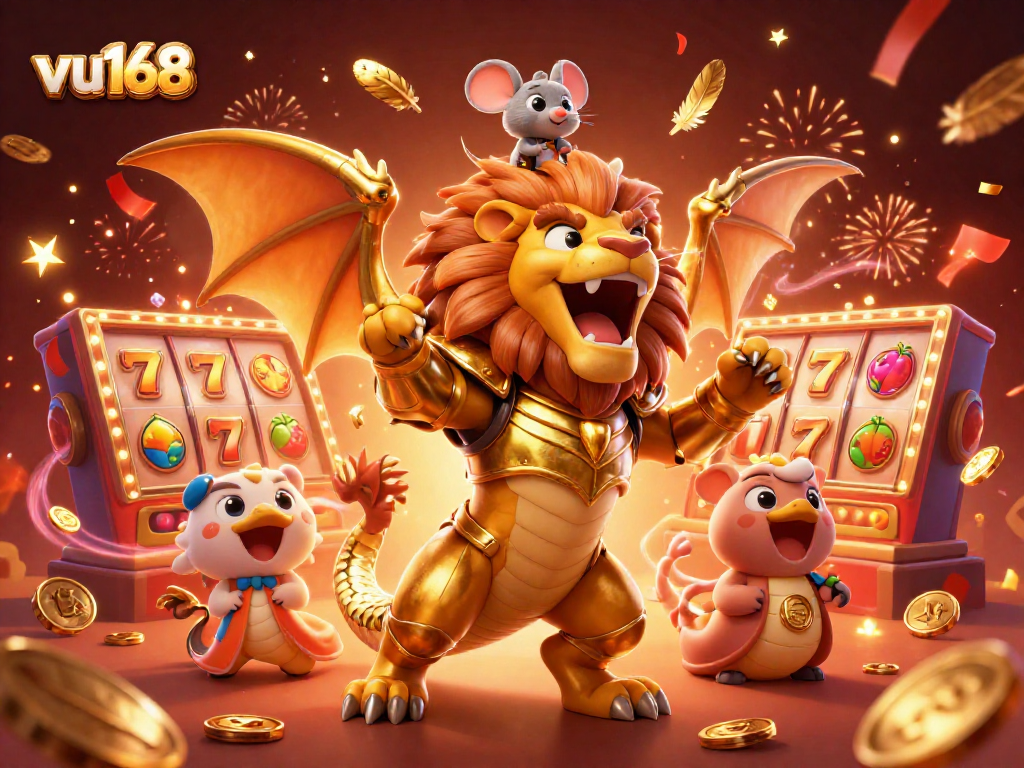 Experience thrilling wins with vu168 in a vibrant casino scene featuring a roaring chimera and slot machines.