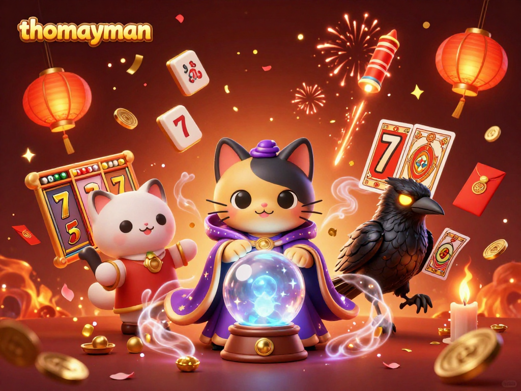 Engage with thomayman’s enchanting fortune teller cat amid a vibrant casino scene.