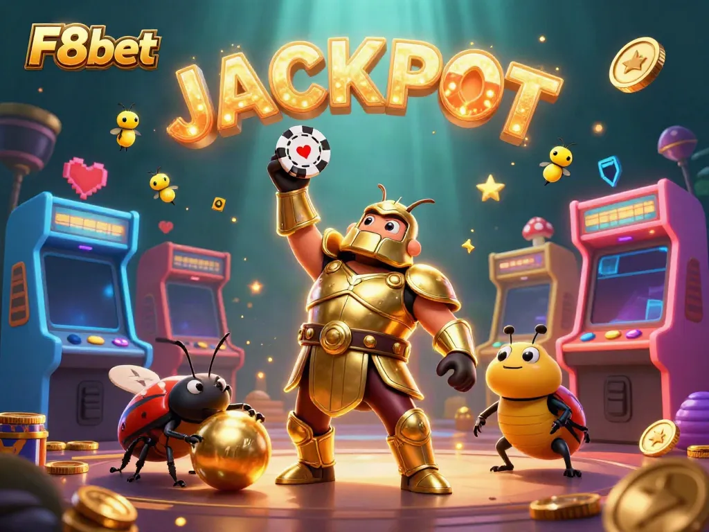 Join the excitement at F8bet with a vibrant scene of a victorious beetle champion lifting a poker chip.