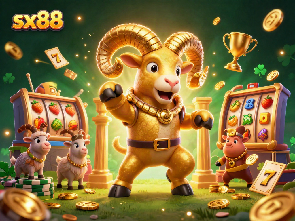 sx88 showcases an exhilarating casino scene with golden ram charging through spinning slot reels and golden coins.