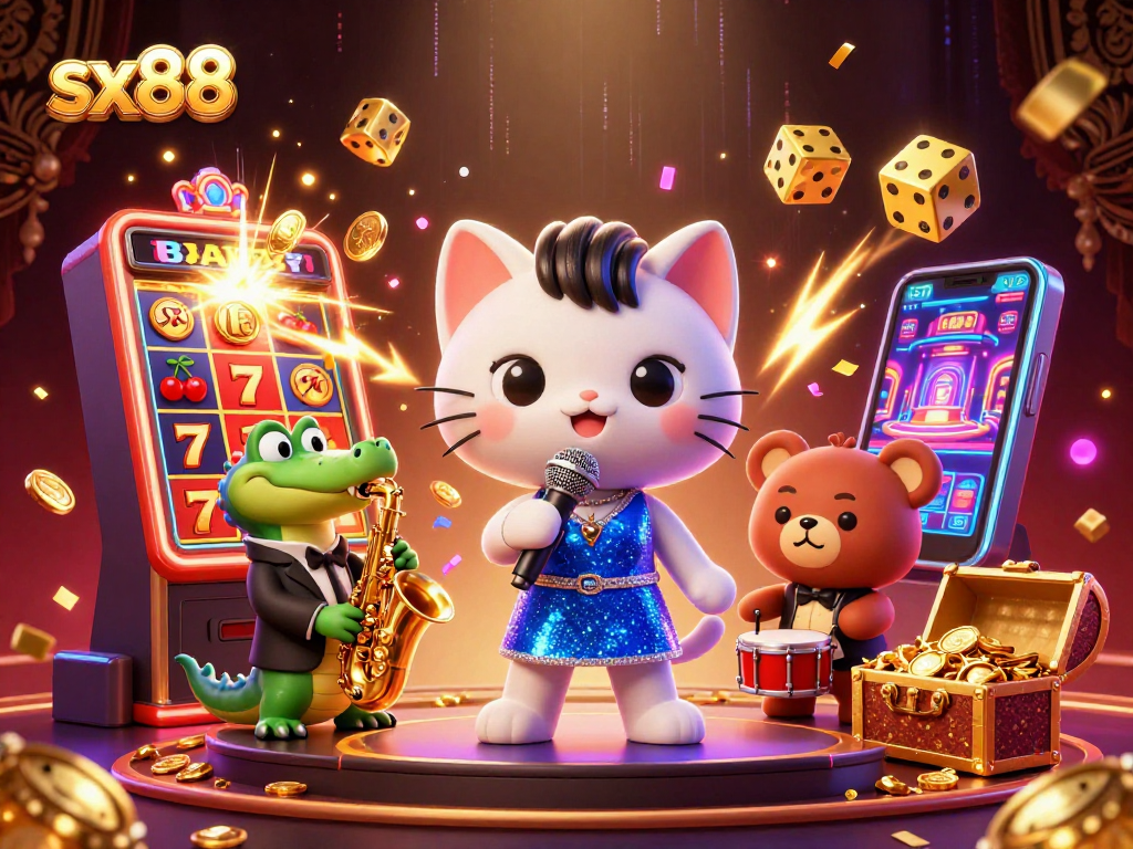 SX88 players enjoy exciting slot action with a jazz-singer cat, saxophone crocodile, and drum bear.
