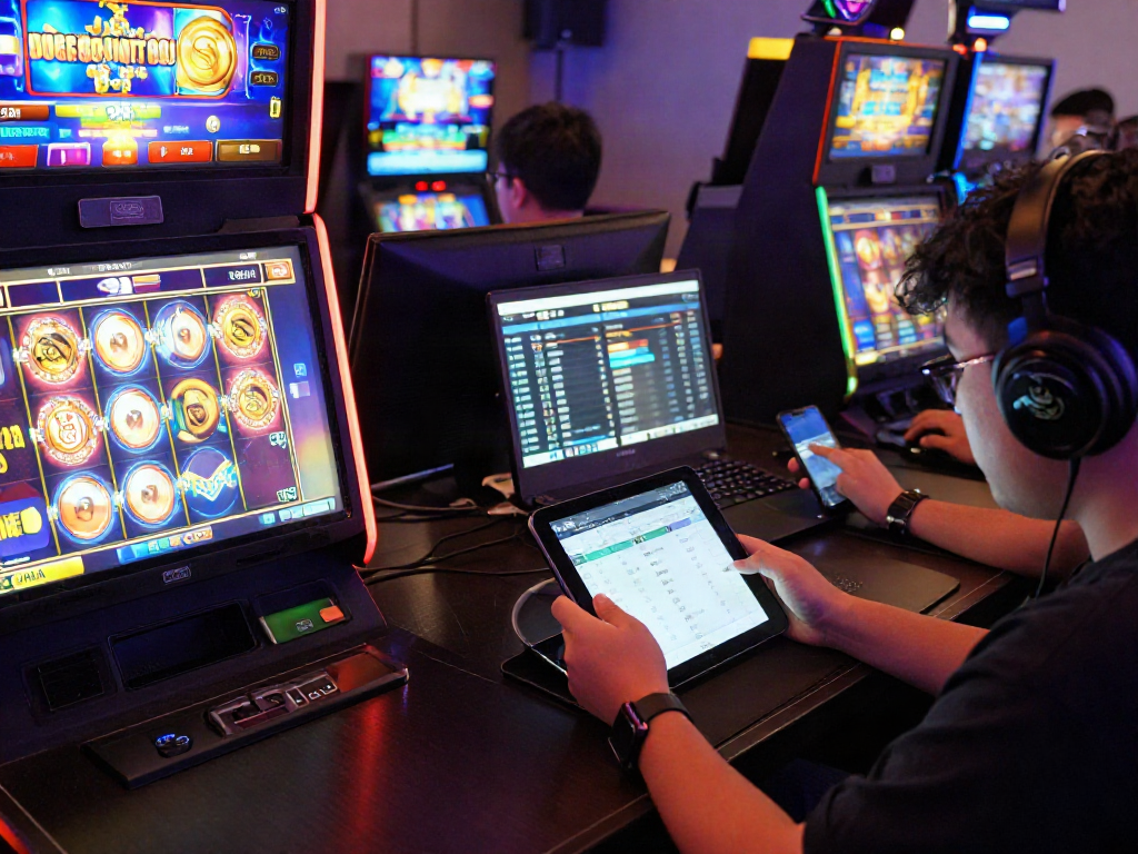 Engaged players interacting with various slot game interfaces in a vibrant gaming lounge.