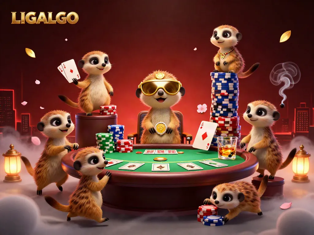 LIGALGO meerkats orchestrating a vibrant casino scene with poker tables and colorful chips.
