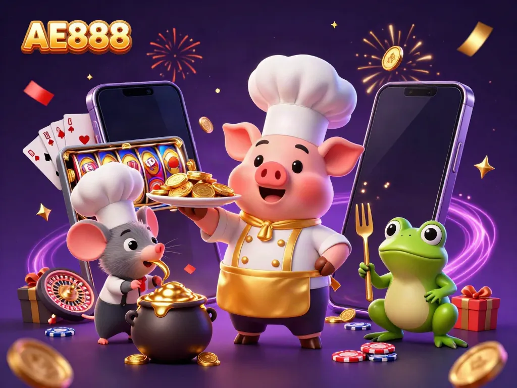 Experience the vibrant world of AE888 with a pig chef serving gold coins among dynamic casino elements.