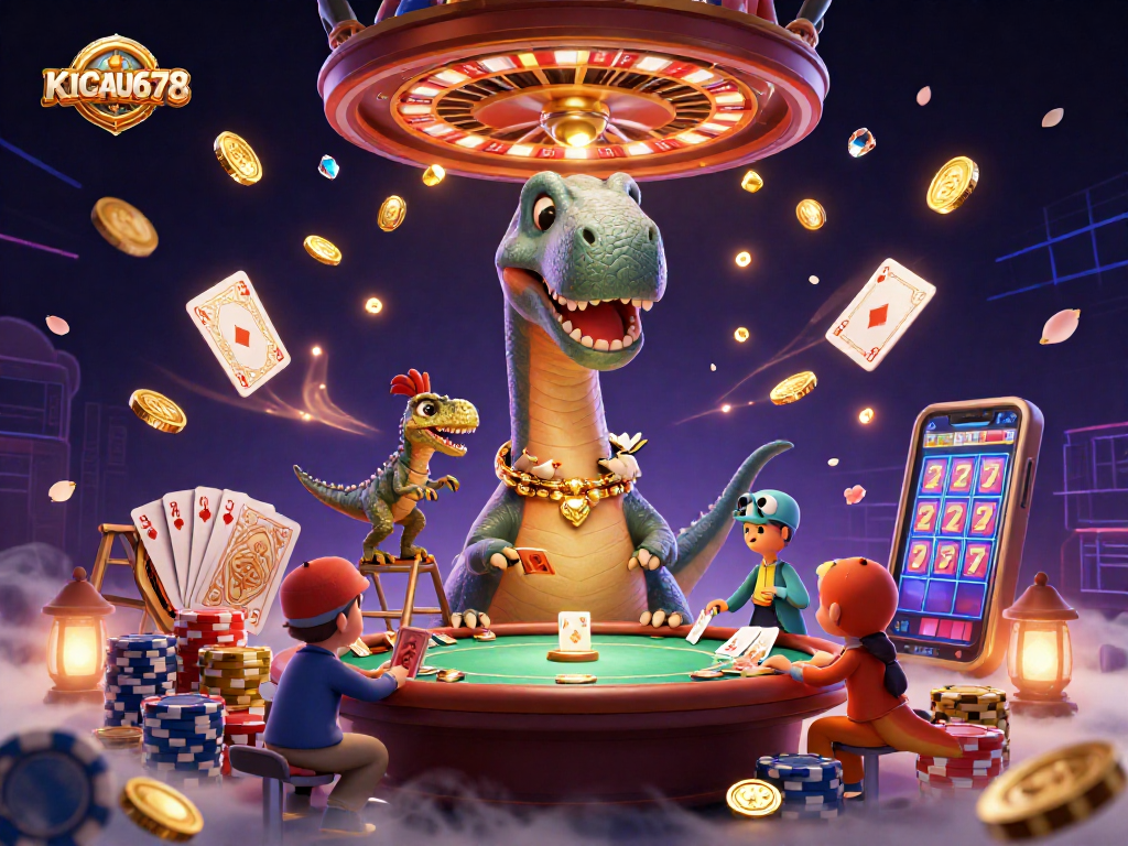 KICAU678 captures a vibrant casino scene featuring playful dinosaurs amidst dynamic gaming elements.