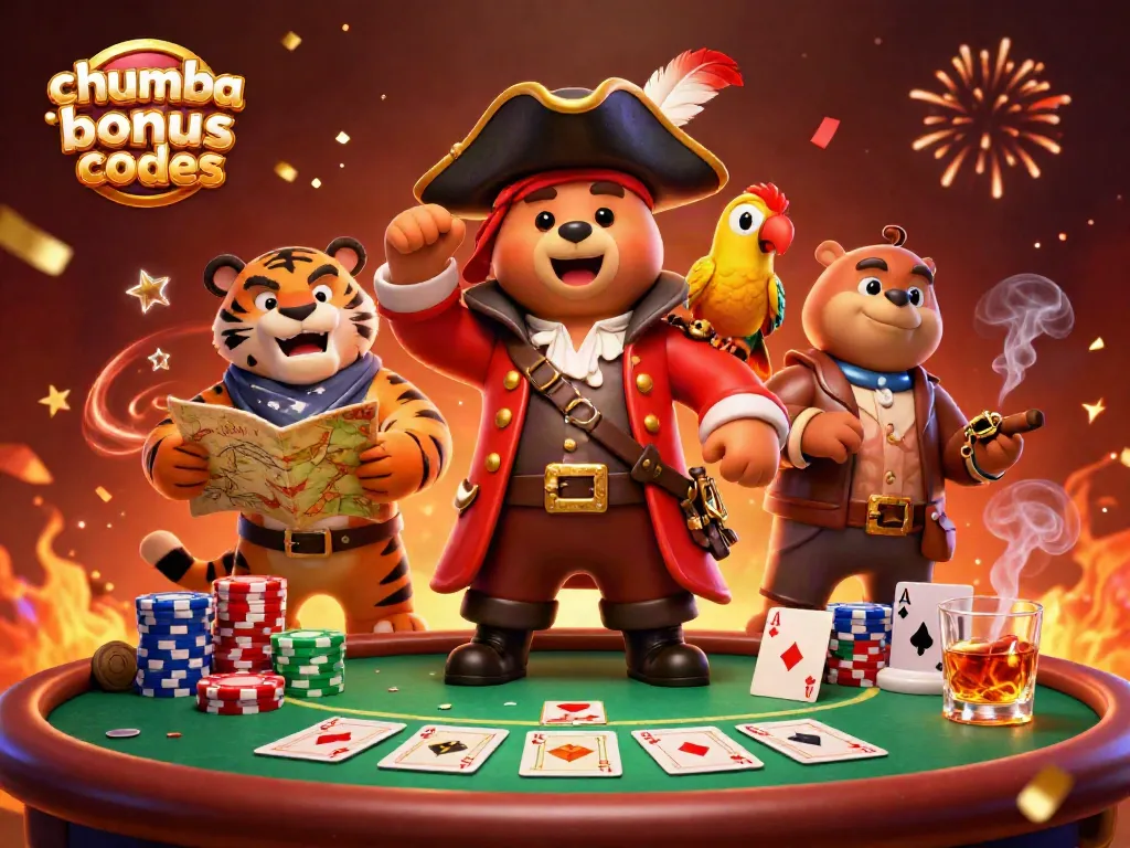 Engage with chumba casino bonus codes in a vibrant 3D scene of a pirate captain bear and fierce tiger playing poker.