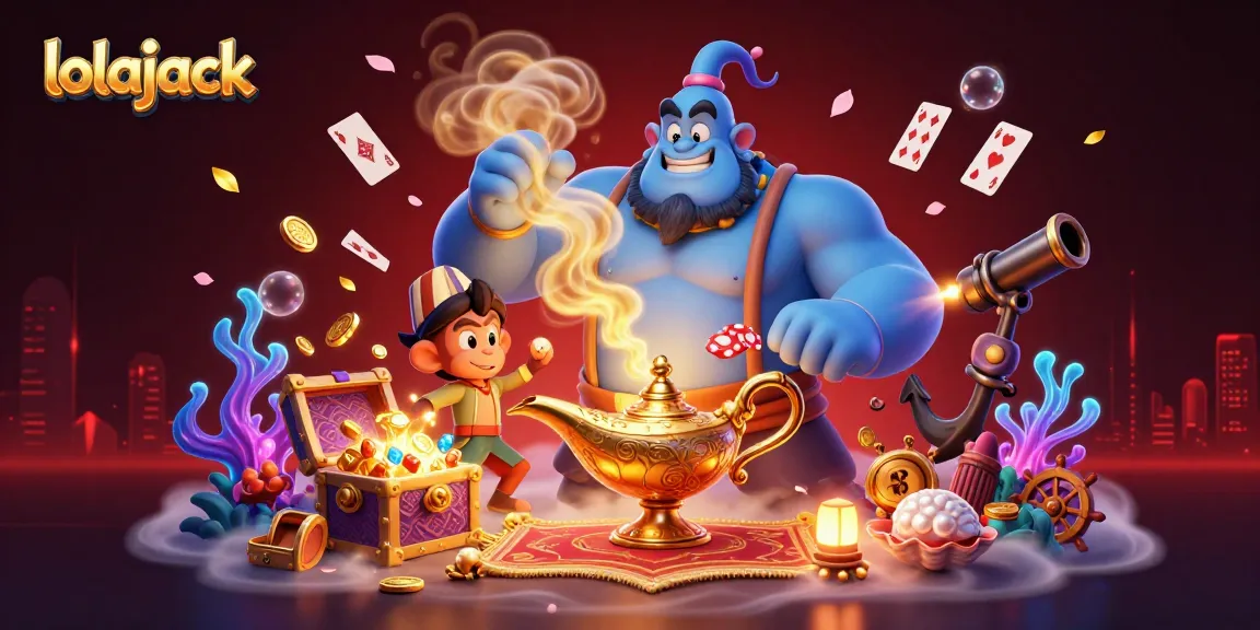 Engage with lolajack in this vibrant 3D scene featuring a mystical genie and casino elements.