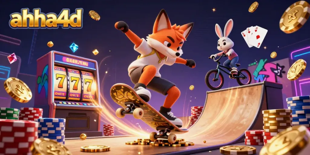 Experience thrilling spins at ahha4d with a dynamic 3D illustration of fox and rabbit celebrating wins in a vibrant casino.