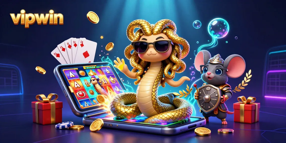 Spin and win at vipwin with playful Medusa and a warrior mouse celebrating casino excitement.