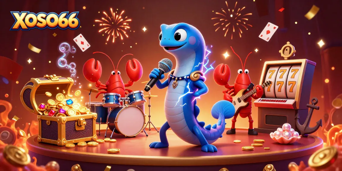 XOSO66 features a lively underwater casino scene with an electric eel DJ and vibrant game elements.
