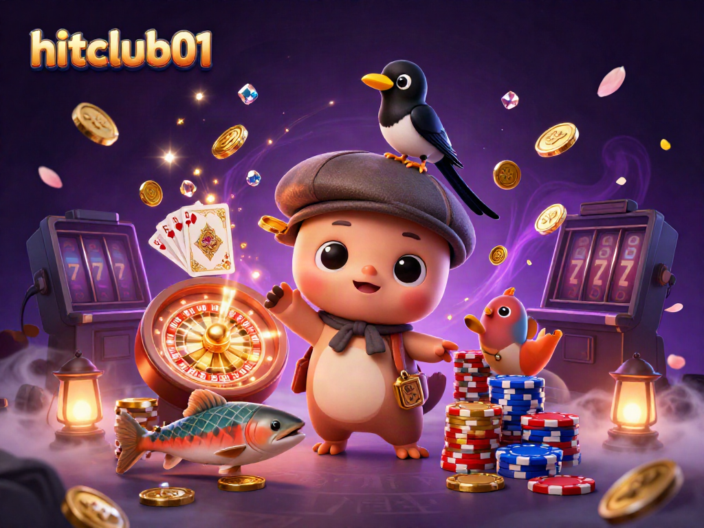 Hitclub01's vibrant casino illustration features a playful baby Nessie with a gold-obsessed magpie, showcasing dynamic game elements.
