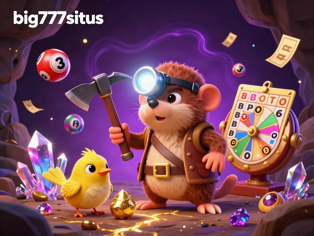 Engage with big777situs' vibrant scene of a treasure hunter mole in a golden mining cave amidst dynamic lottery elements.
