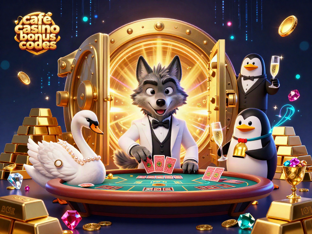 Engage with exciting cafe casino bonus codes at a baccarat table with vibrant characters and treasures.