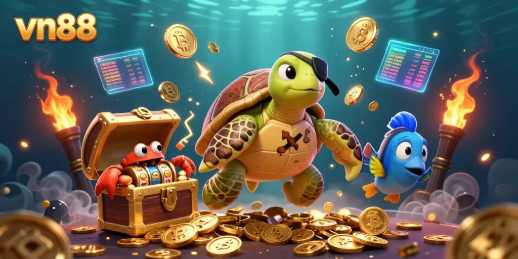 Join the adventure with vn88's vibrant pirate turtle, crab, and parrotfish in a treasure-filled underwater casino.