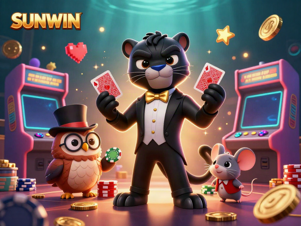 Engage in thrilling games at SUNWIN with a stylized casino scene featuring a tuxedo-clad panther and playful characters.