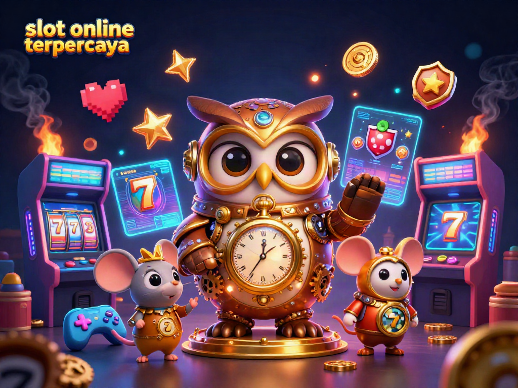 Experience the thrill of winning at slot online terpercaya with a whimsical 3D illustration featuring a time-traveler owl amidst vibrant casino elements.