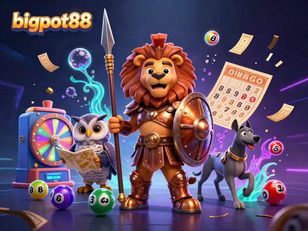 Experience the thrill of bigpot88 with dynamic casino elements in an action-packed 3D illustration.