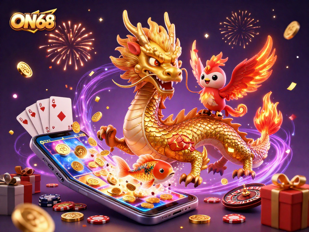Experience the thrill of ON68 with a golden dragon and excited characters amidst vibrant casino elements.