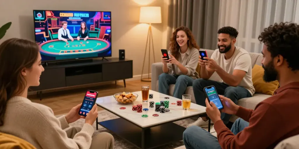 Exciting scene of friends enjoying winning moments at Mastercard casinos, celebrating with smartphones and snacks in a cozy atmosphere.