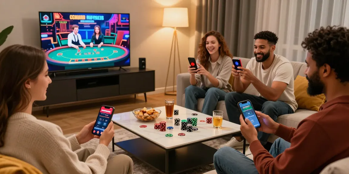 Exciting scene of friends enjoying winning moments at Mastercard casinos, celebrating with smartphones and snacks in a cozy atmosphere.