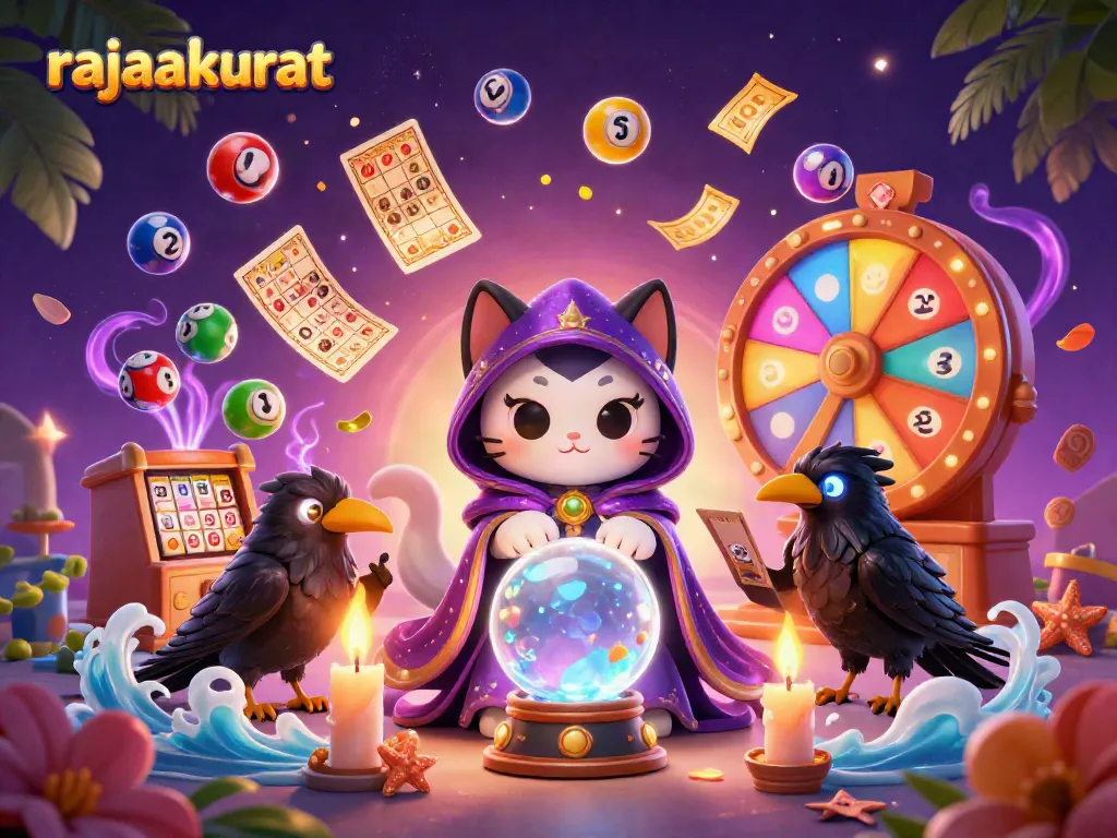 Rajaakurat menampilkan peramal kucing mistis dan burung gagak dengan tiket lotere dan bola yang bergerak dinamis.
