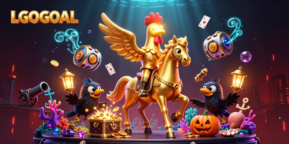 Witness the golden rooster representing LGOGOAL navigating a lively midnight casino scene, filled with treasure and gaming elements.