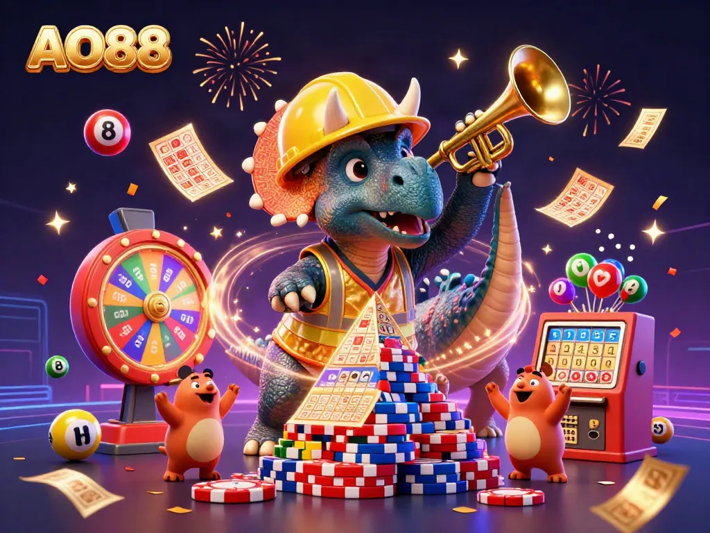 Engaging illustration of AO88 featuring cartoon dinosaurs celebrating while playing casino games amidst colorful elements.