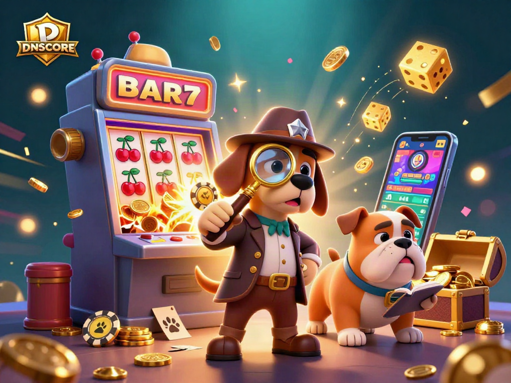 IDNSCORE detective bloodhound examines a poker chip amidst casino treasures and slot symbols.