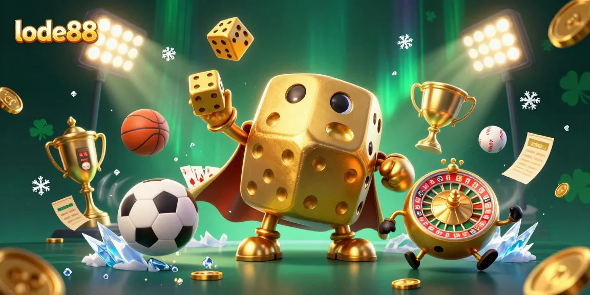 Engage in thrilling gameplay with lode88's vibrant 3D illustration, featuring dynamic sports and casino elements.