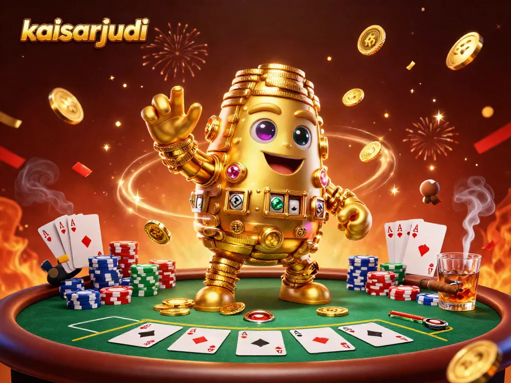 Kaisarjudi wins big at the table with shining coins and poker chips in a vibrant casino setting.