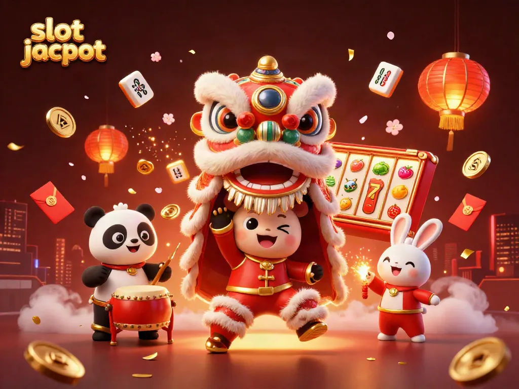 Slot jackpot menampilkan tarian kostum Naga dengan simbol slot berkilau dan dekorasi meriah.